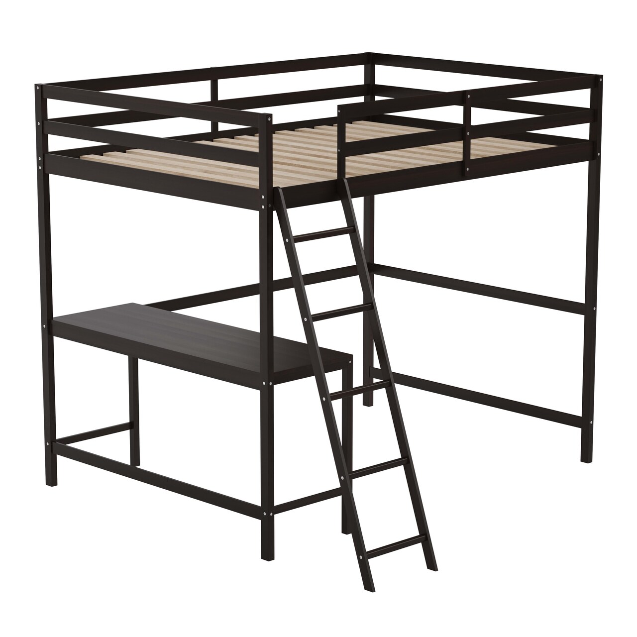 Emma and Oliver Ridley Twin Wood Loft Bed Frame with Protective Guardrails and Integrated Desk and Ladder for Use with Any 6-8" Thick Mattress